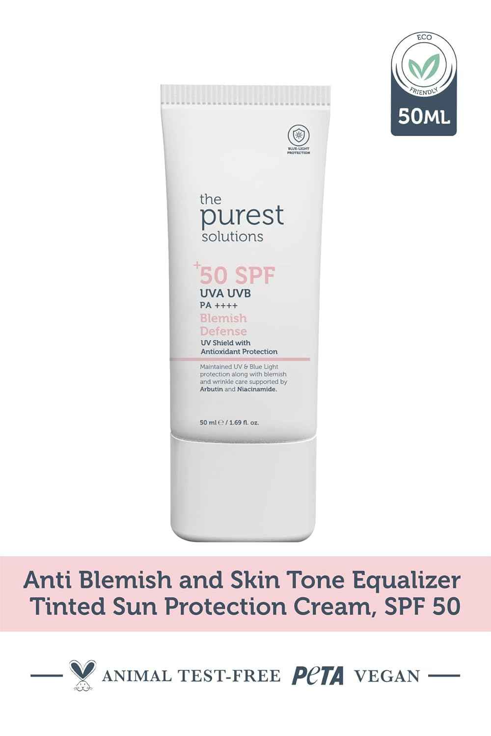 The Purest Solutions Blemish Defense (UV Shield with Antioxidant Protection SPF 50+) - 8h UVA Protection, Arbutin & Niacinamide for Skin Tone Harmonization and Moisturizers - Vegan (50 ml)