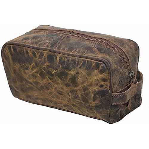 jaald Men's Genuine Brown Leather Toiletry Bag Shaving Bags And Grooming For Travel Groomsmen Gift Men Women Hanging Zippered Makeup Bathroom Cosmetic Pouch Case Make Up kit