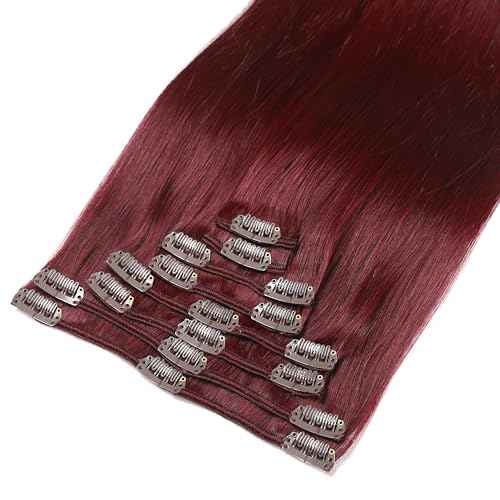 Clip in Hair Extensions Real Human Hair, Remy Human Hair Extensions Clip ins for Women, Invisible Seamless Natural Straight Double Weft, 8pcs 100g 18inch #99J Burgundy