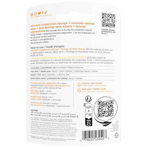 Real Techniques Miracle Complexion Sponge + Concealer Sponge Duo, Makeup Blending Sponges For Foundation & Concealer, Offers Light To Medium Coverage, Natural, Dewy Makeup, Latex-Free Foam 2 Count