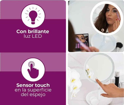 Beurer Illuminated 5X Vanity and Cosmetics Mirror, Touch Sensor Surface, Storage Tray, with Portable, Magnetic Magnifying Makeup Mirror, White LED Light and Dimmer, Cordless, 360° Rotation, BS45