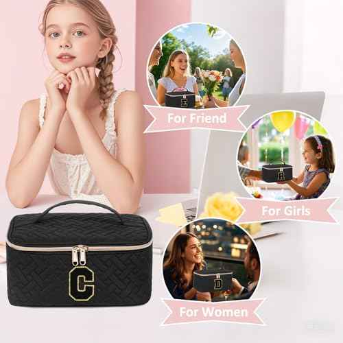 Gifts Initial Makeup Organizer Bag for Girls, Chenille Letter Personalized Cosmetic Bag with Zipper | Preppy Quilted Portable Makeup Pouch Teen Birthday Gifts Trendy for Women Friend (A)