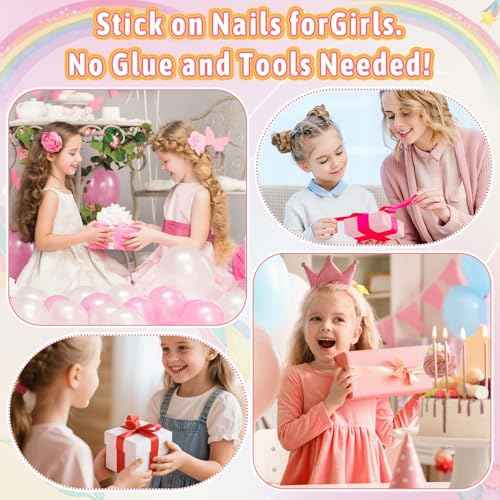 144 Pcs Kids Fake Nails Set, Thrilez 6 Pack Press on Nail Pre-glue Artificial False Acrylic Nails Set for Little Girl Children Toddlers