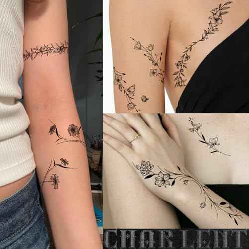 Temporary Tattoos for Women - 49 Pcs Line Leaves Sketch Fake Tattoos for Arm Wrist Leg Body/Realistic/Long Last/Waterproof