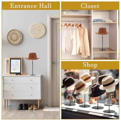 Sintuff 2 Pcs Hat Display Stand 7.9-15.7 Inch Adjustable Hat Holder Sturdy Wigs Head Stand Anti-rust Non-slip Stable Stainless Steel Metal Hat Rack for Multiple Hats Storage Wig(Black,Round Base)