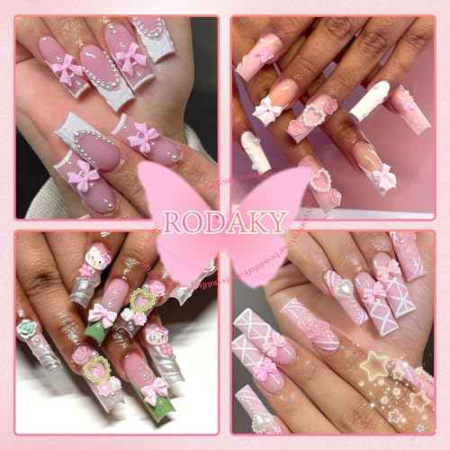 300Pcs Bow Charms and Flatback Pearls, Pink Bowknot 3D Cute Nail Supplies for Acrylic Design, 3-5mm White Half Pearls for Jewelry DIY Crafts Art Decoration Accessories