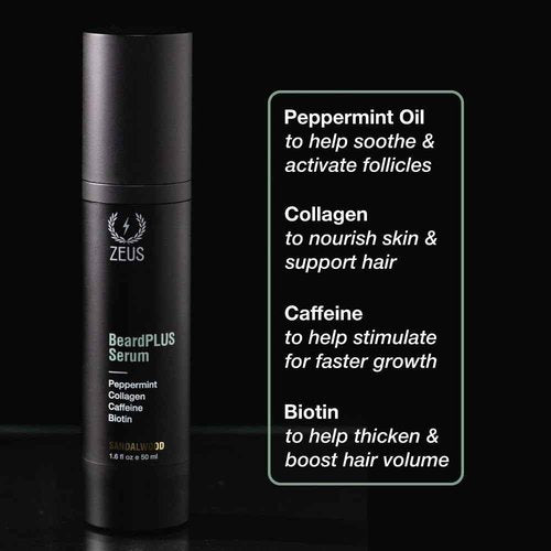 ZEUS BeardPlus Growth Serum for Men, Refined Beard Oil with Biotin, Caffeine & Collagen for Thicker, Fuller, Softer Facial Hair & Healthy Skin Care (Made in USA) 1.6 oz
