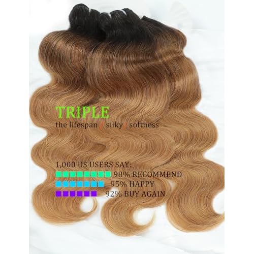 Ombre Bundles Human Hair, 13A Raw Indian Hair Bundles Body Wave, 14 Inch Colored Honey Blonde 1B27 Ombre Human Hair Bundles, 2 Years Service Life, Keep Texture Silky Soft Tangle-Free