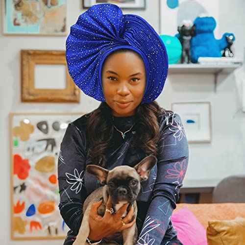 African Head Wrap Already Made Auto Gele Headties Women's Turban Hats&Caps Beading Wedding Nigerian Fashion Headbands (Royal Blue)