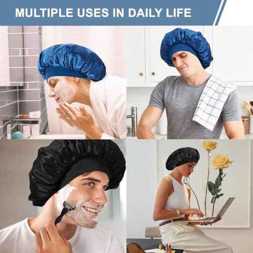 2 PCS Satin Silk Bonnet for Men Women, Hair Bonnet for Sleeping Men with Elastic Band, Large Silk Bonnet for Men Women Curly Hair Braids (Black+Blue)