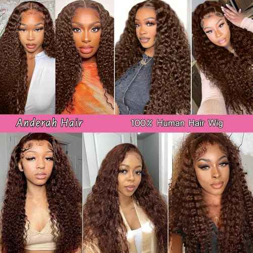 Anderah 30Inch Chocolate Brown Deep Wave Lace Front Wigs Human Hair 200 Density 13x6 HD Lace Frontal Wigs Curly Human Hair Wig For Women Pre Plucked with Natural Hairline 4# Brown Color