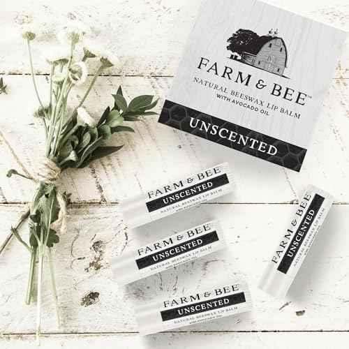 Natural Lip Balm - Organic & Natural Ingredients - Beeswax Based Moisturizing Lip Care Chapstick for Chapped Lips - Great Gift Idea - Farm & Bee - 0.15oz (Pack of 4 - Unscented)