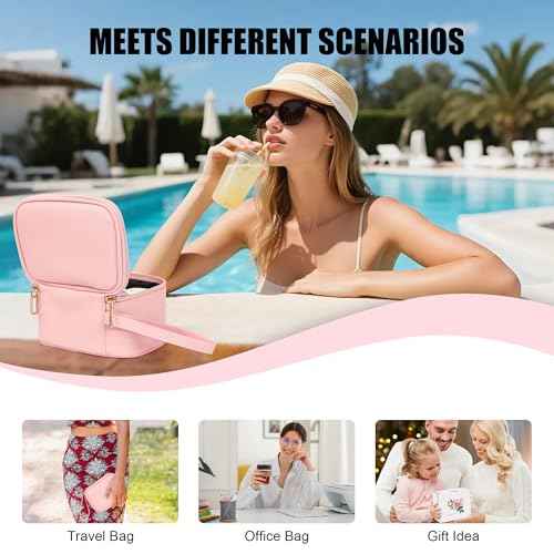 Relavel Mini Makeup Bag with Led Mirror, Small Cosmetic Bag with 3 Light Modes, Rechargeable Portable Makeup Pouch with Hands-Free Wrist Strap for Pool Parties?Work Touch-Ups?Travel - Pink