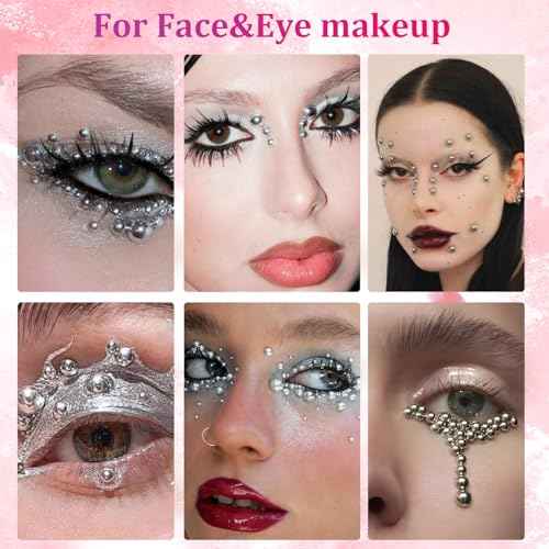 Belleboost Silver Nail Charms and Gems, Half Round Flatback Pearl Nail Charms, Nail Pearls Rhinestones Kit Silver Beads for Nails with Pencil and Tweezer for DIY Nail Art, Face Makeup and Crafting