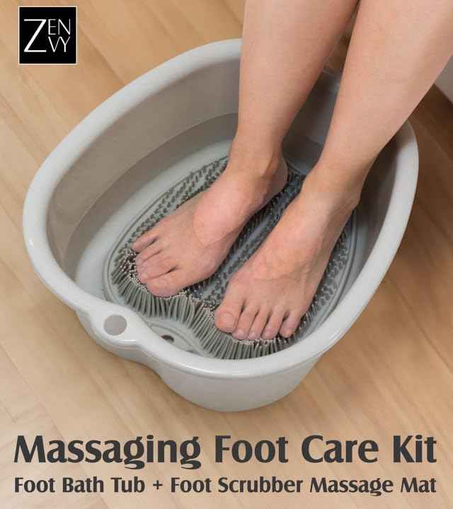 ZENVY Foot Bath Tub and Silicone Foot Scrubber Massage Mat Set for Soothing at-Home Relaxation (Foot Bath & Scrubber Mat)