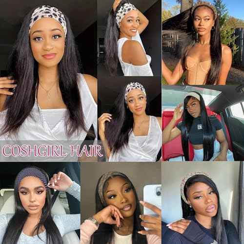 Headband Wig Human Hair 28 Inch Straight Headband Wigs for Black Women Machine Made Human Hair Wigs Glueless None Lace Front Wig Brazilian Virgin Human Hair 150% Density Natural Black Color