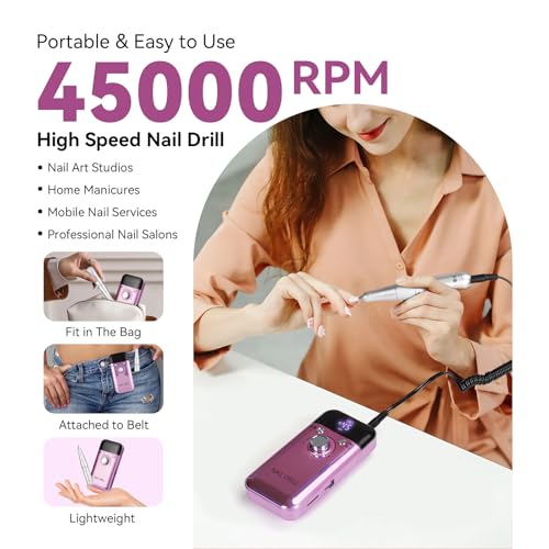 Vrenmol Electric Nail Drill Professional 45000RPM: Rechargeable Nail Drill Kit Portable Electric Nail File with Complete Bits for Acrylic Nails Gel Polishing Removing 2000mAh Nail Drill Machine Salons