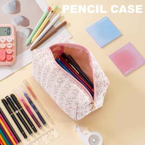 Makeup Bag Travel Toiletry Bag for Women, Small Cosmetic Bags Cute Quilted Cotton Makeup Pouch for Purse Emergency Bag for School Floral Pencil Case Accessory Bag, Pastel Pink