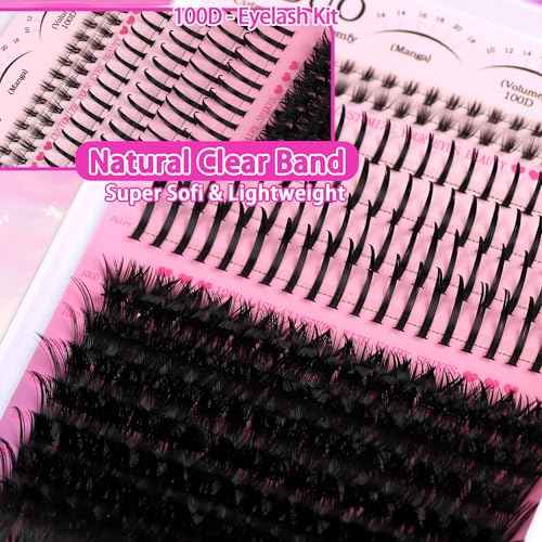 Lashes Clusters Kit Bottom Lashes with Spikes 100D Cluster Eyelash Extensions Kit 10-120mm D Curl Volume Manga DIY Individual Strips Lashes Thick with Lash Bond and Seal Tweezers Remover