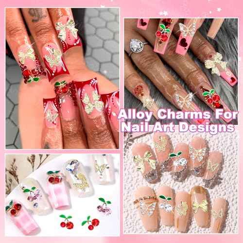 70 Pcs Cherry Nail Charms Gems, 3D Butterfly Bowknot Nail Art Charms, Alloy Bow Gold Butterfly Nail Gems Charms for Acrylic Nails, Gold Bows Nail Art Charms for Nails DIY Y2K