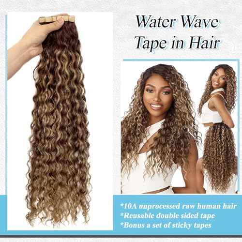 Highlights Tape in Hair Extensions Human Hair for Black Women Water Wave Tape in Extensions Human Hair 18¡± Loose Curly Ombre Chocolate Brown to Honey Blonde Highlights Real Remy Skin Weft Extension