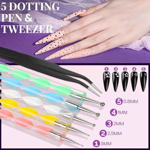 FANDAMEI Nail Art Brushes, Nail Art Kit with 15 Pcs Nail Art Brush, 5 Pcs Dotting Tools, 6 Box Nail Charms and Gems, 10 Sheet Flower Nail Stickers, Complete Nail Decoration Art with Nail Art Brushes
