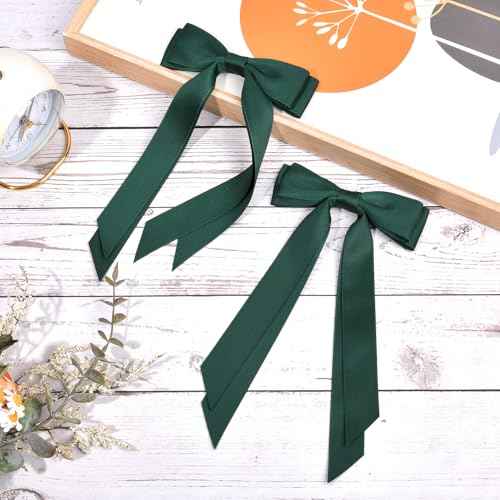 2PCS Silky Satin Hair Bows Hair Clip Green Hair Ribbon Ponytail Holder Accessories Slides Metal Clips Hair Bow for Women Girls Toddlers Teens Kids