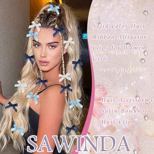 30PCS Navy Blue Mini Hair Bows Small Blue Bows for Hair Silky Satin Bows for Women Cute Hair Ribbon Bowknot Barrettes Sweet Alligator Hair Bow Clips Accessories for Teens and Girls