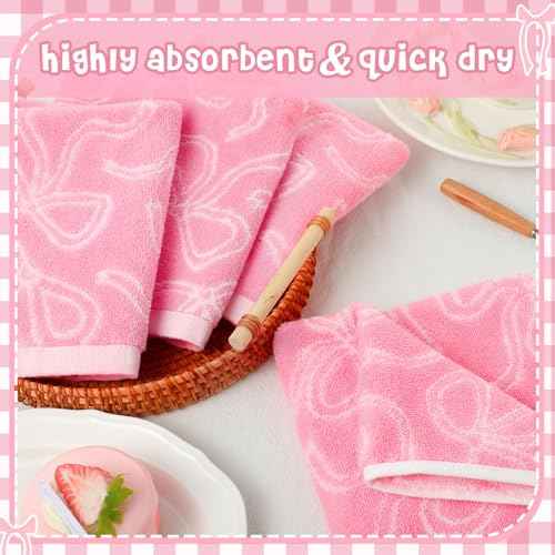 6 Pcs Pink Bow Washcloths 100% Cotton Wash Cloths 13" x 13" Coquette Small Face Towels Absorbent Soft Hand Bath Towels for Bathroom, Spa, Kitchen Drying Cleaning (Classic Style)