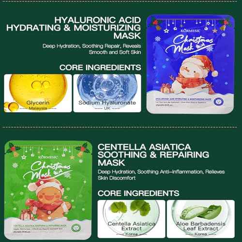 12PCS Christmas Facial Masks for Stocking Stuffers, Face Mask Set for Women Skincare, Hydrating Sheet Face Masks Skincare, Christmas Gifts for Women