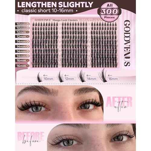 Manga Lash Clusters Natural Wispy 300 Pcs Fairy Eyelash Clusters 10-16mm Fluffy Cluster Eyelash Extensions Anime Cosplay No Plastic Feel Individual Lash Extension CC Curve