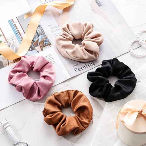 Lolalet Stash Scrunchies, 4 PCS Hair Scrunchies With Zipper Pocket, Hidden Pocket Scrunchie for Hide Money, Elastic Hair Ties Ponytail Holder Accessories for Thin Fine Curly Hair -Style A