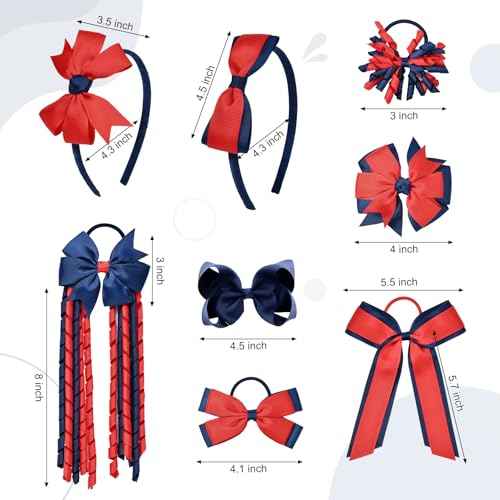 DEEKA Navy Blue & Red School Hair Accessories Set 13 Pcs Uniform Hair Bow Headband Clips Hair Ties Curly Korker Bows for Little Toddler School Girls (Navy Blue&Red)