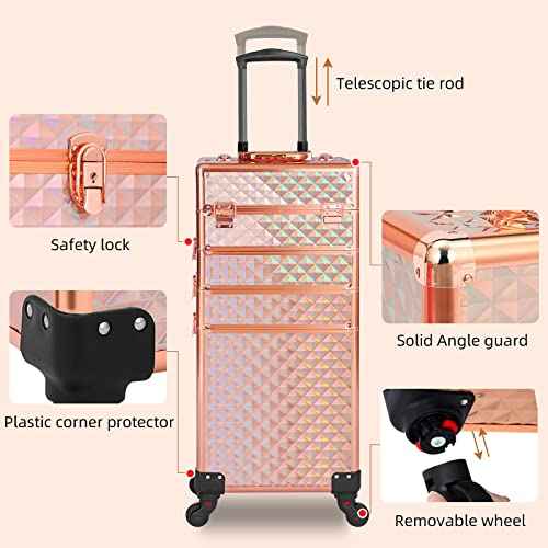 Rolling Makeup Case 4 in 1,Professional Makeup Train Case organizers,Large Storage Cosmetic case Trolley,Makeup Travel Case for Salon Barber Rose Gold,Pink