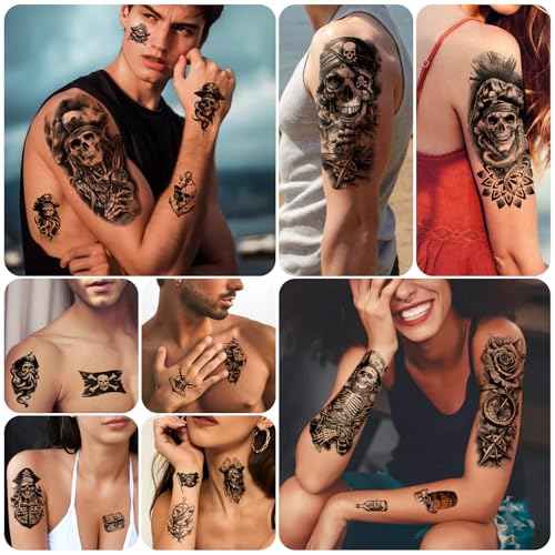 77 Sheets Temporary Tattoo, 17 Sheets Half Arm Pirate Captain Skull Compass Fake Tattoos for Women Men, 60 Sheets Pirate Anchor Sword Flag Realistic Tiny for Adult Kids Body Tattoos Stickers