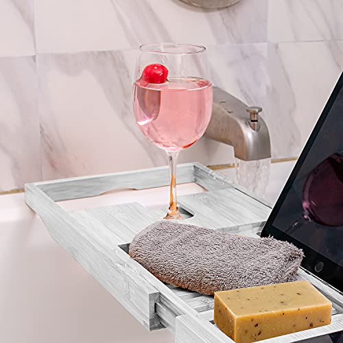 Homemaid Living Luxury Bamboo Bath Tray for Bathtub - Expandable Bathroom Caddy with Reading Rack or Tablet Holder, Premium Bath Tray with Wine Glass Holder, Fits All Bathtubs (White)