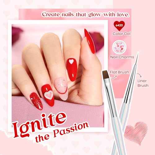 Beetles Red Gel Nail Polish & Nail Art Brushes Set-Heart Desire Multifunctional Nail Brushes Kit for Nail Art with Heart Nail Gems&Nail stickers Manicure Gift for Girls Women