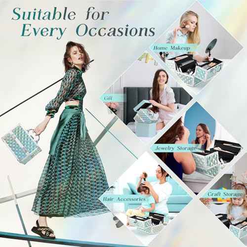 RENESSA Makeup Train Case Portable Makeup Case Organizer Cosmetic Box Make Up Box Makeup Organizer Cosmetic Storage Cases with Locking Nail Kit Organizer Travel Case Shiny Blue