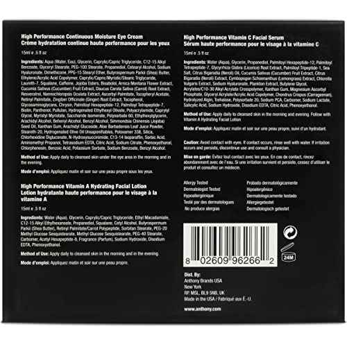 Anthony High-Performance Trio Kit ? Eye Cream (0.5 Fl Oz), Vitamin C Facial Serum (0.5 Fl Oz), and Vitamin A Hydrating Facial Lotion (0.5 Fl Oz) ? Anti-Aging Skincare for All Skin Types