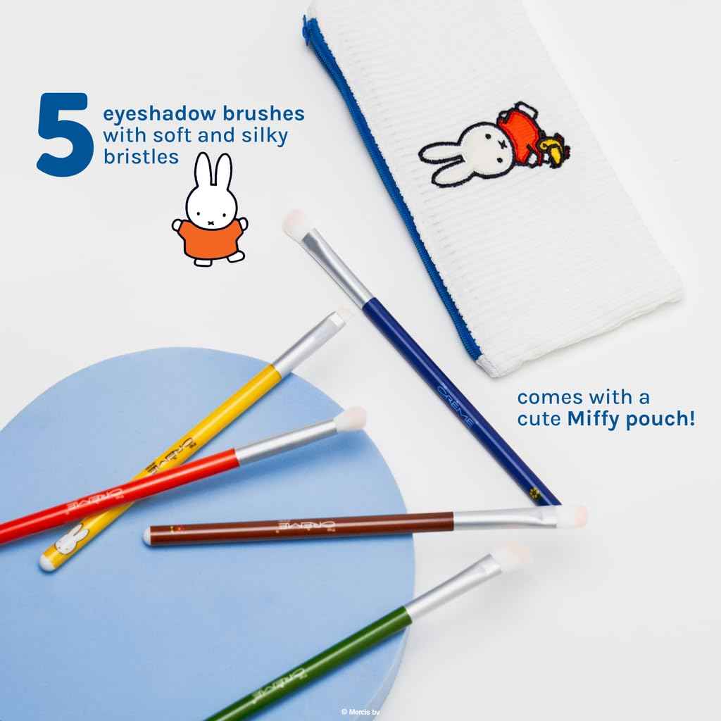 The Crème Shop Miffy Everyday Essentials Eyeshadow Brush Set and Travel Bag, Cute Miffy Pouch, 5 Eye Makeup Brushes, Korean Beauty, Blending Brush, Shading Brush, Precise Brush, Angled Shading
