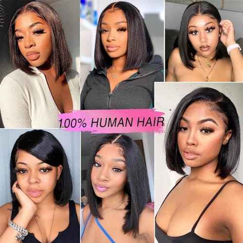 13x4 Lace Front Bob Wigs Human Hair 200 Density HD Transparent Lace Bob Wig for Women 14 inch Short Straight Bob Lace Frontal Wigs Glueless Pre Plucked With Baby Hair Straight Bob Wig Natural Color