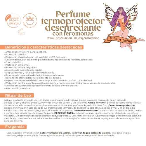 Perfume Termoprotector para Cabello, Sin Alcohol, Antifrizz, Desenredante, Protecci?n solar, Con Feromonas, Aroma Ritual de Tentaci?n Jazm?n y Vainilla 120ML. Todo tipo de cabello.