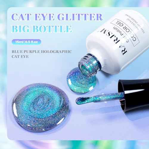 RARJSM Rainbow Cat Eye Gel Nail Polish Blue Purple Aurora Holographic Laser Iridescent Glitter Sparkle 9D Cateye Gelpolish with Magnet Stick Soak off UV LED Curing Requires Home Salon Diy