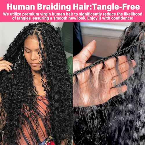 Human Braiding Hair for Boho Braids, 100 Percent Wet and Wavy Human Hair for Boho Knotless 12A Deep Wave Boho Human Braiding Hair Curly Hair Extensions 100g 2 Bundles Natural Color