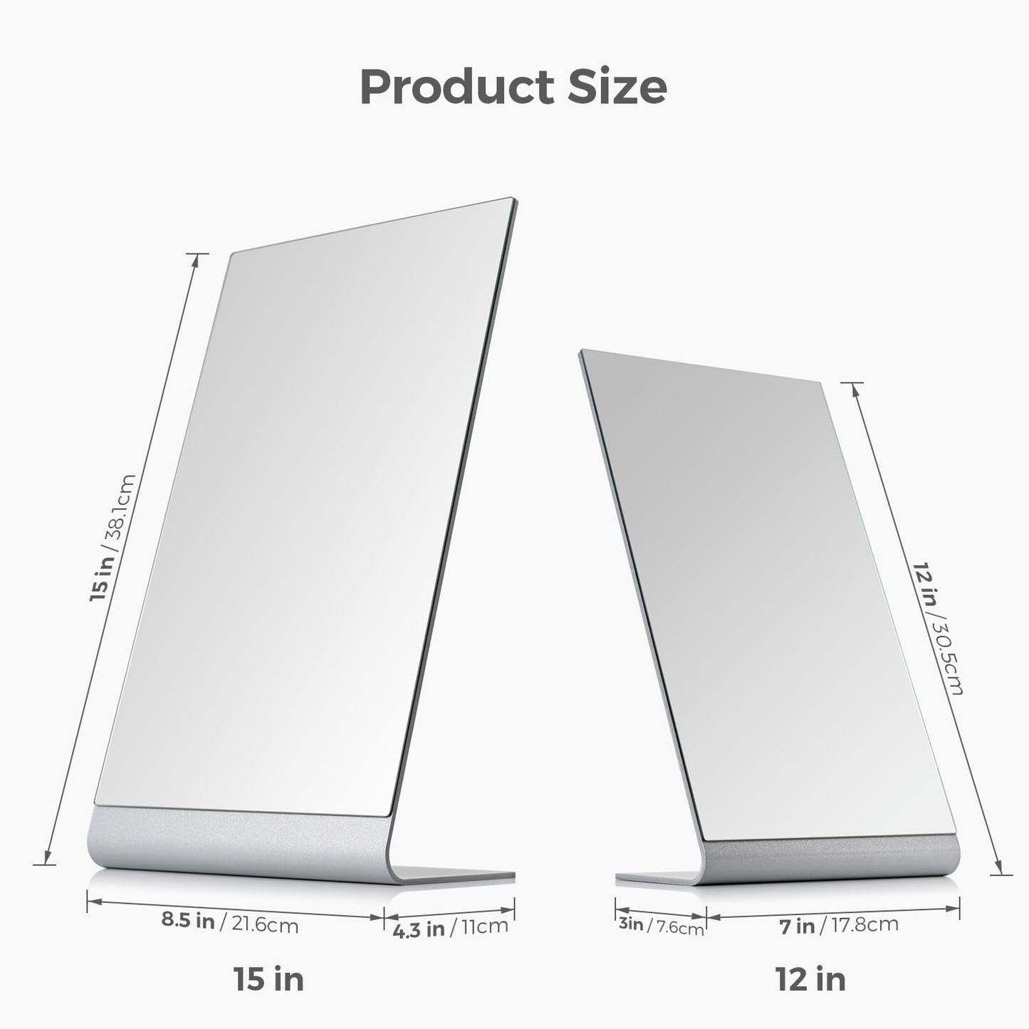 NEZZOE Frameless Makeup Mirror for Desk, 15 Inch Aluminum Standing Table Mirror, Large Counter Top Mirror