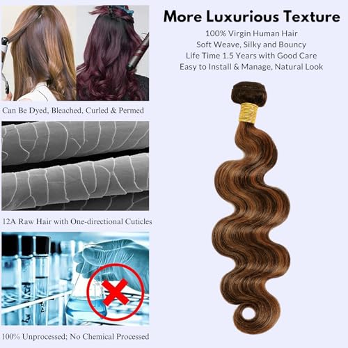 1b/30 Highlight Single Bundle Human Hair 18 Inch, Ombre Body Wave Fb30 Colored 12A Black and Dark 1 Bundle, Brown Two Tones Balayage 100% Remy Hair Dark Root Sew in weave bundles #1b/30