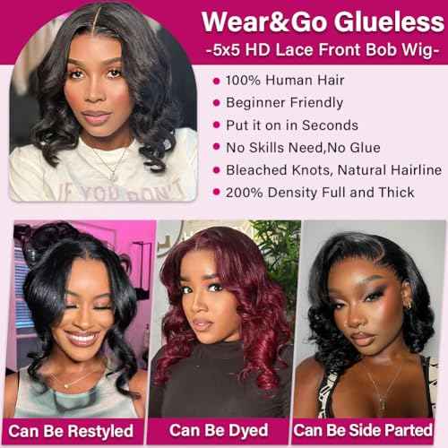 BOB Wig Human Hair 5X5 HD Lace Closure Wig 200% Density Body Wave Wig Wear And Go Glueless Human Hair Wigs For Black Women Pre Plucked 5 5 Closure Glueless BOB Wigs 14 Inch
