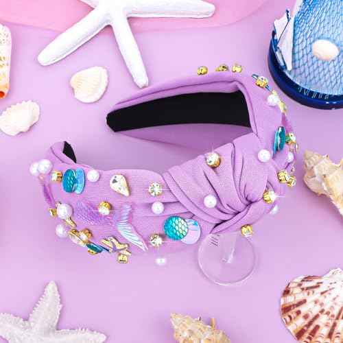 YARIEW Mermaid Knotted Headband, Purple, Hairband for Women and Girls, Mermaid Hair Accessories with Tail and Starfish, Party Decorations Gifts