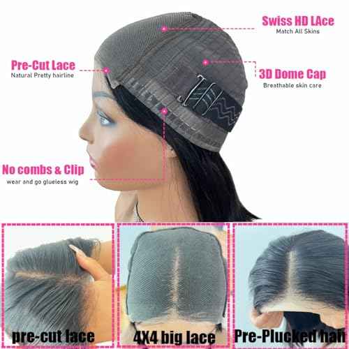 Nakkia 14 Inch Bob Wig Human Hair Pre Plucked Pre Cut HD Transparent Lace Front Wear and Go Glueless Wigs Human Hair for Black Women Short Straight 4x4 Closure Bob Wigs for Beginner