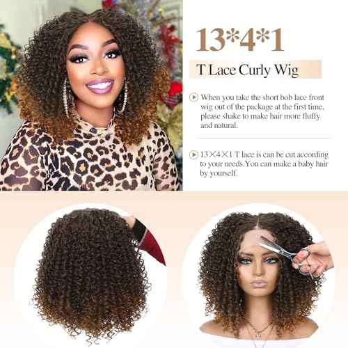 WIGER Short Bob Lace Front Wigs Middle Part Wigs Pre Plucked Curly 13x4x1 T Lace Part Wigs Ombre Brown Afro Kinky Curly Wigs Synthetic Curly Wig for African American women